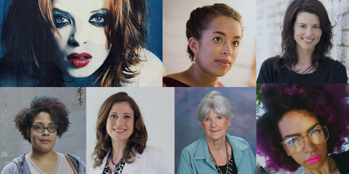 A collage of seven women, each shown from the shoulders up. They have diverse hairstyles, hair colors, and skin tones, and appear in different settings, including studio, outdoor, and indoor backgrounds.