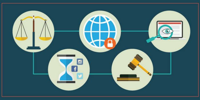 Illustration showing scales of justice, an hourglass with Social Media Profiles icons, a globe with a lock, a gavel on books, and a laptop with a magnifying glass, all interconnected by lines on a dark background.