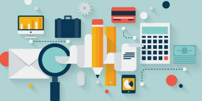 Flat design illustration featuring business-related items, including a magnifying glass, pencil, ruler, envelope, calculator, graphs, credit card, briefcase, smartphone, and dollar bill.