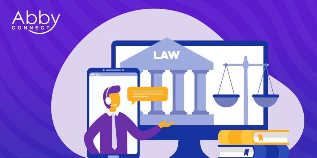 Illustration of a person with a headset on a smartphone screen, a computer displaying a courthouse labeled LAW, scales of justice, and law books, with Abby Connect logo in the corner on a purple background.