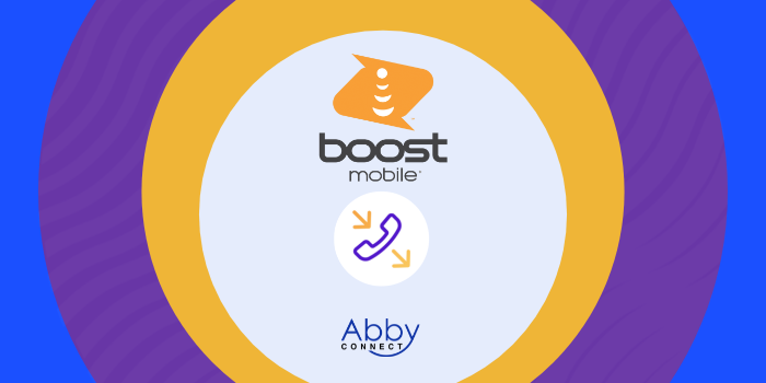 Boost Mobile and Abby Connect logos are shown above and below a phone icon with arrows circling it, all within a circular design featuring yellow, purple, and blue colors.