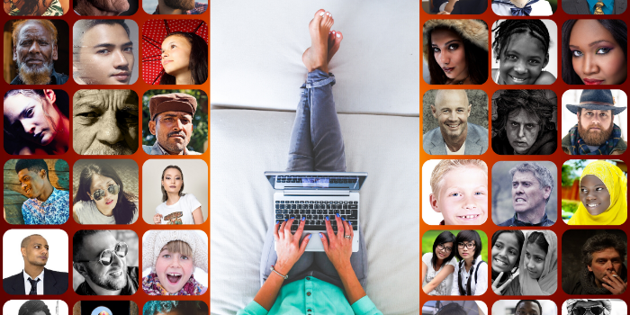 A person lies on a couch with legs up, using a laptop, surrounded by a collage of diverse faces of men, women, and children from various backgrounds and ages.