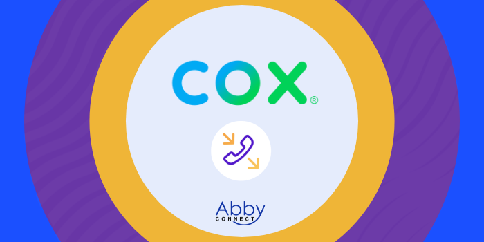 The image features the COX logo in the center, a phone icon with arrows beneath it, and the Abby Connect logo at the bottom, all set against a circular background with purple and gold accents.