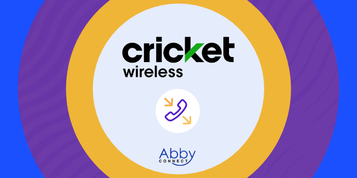 A circular graphic with the Cricket Wireless logo at the center, a phone icon below it, and the Abby Connect logo at the bottom, all surrounded by concentric orange, purple, and blue rings.