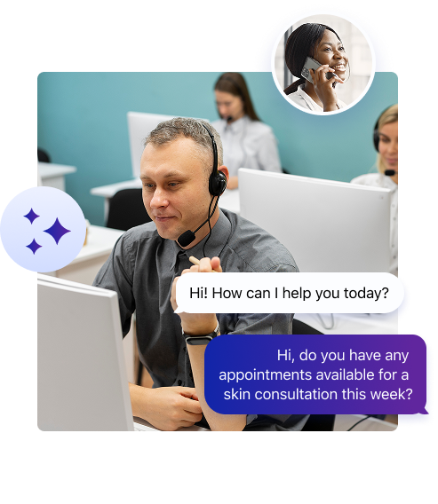 A man with receptionist features, wearing a headset, sits at a computer chatting with a customer. A message bubble says, Hi! How can I help you today? Another asks about skin consultation appointments. An inset shows a smiling woman on a headset.