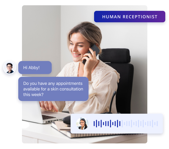 A smiling woman sits at a desk, talking on the phone and using a laptop. On-screen chat bubbles show a patient asking about skin consultation appointments, highlighting modern receptionist features. Text at the top reads “HUMAN RECEPTIONIST.”.