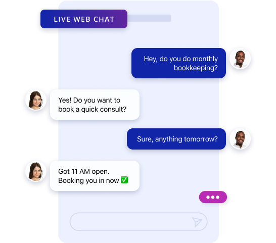 A live web chat interface highlights receptionist features as two people schedule a bookkeeping consult. One user inquires about monthly bookkeeping, while the other confirms an 11 AM slot and marks it with a green checkmark.