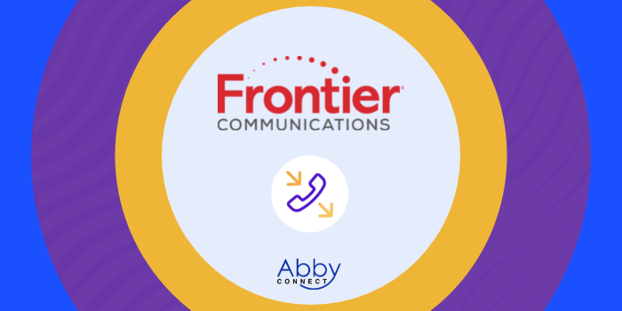 A circular graphic with Frontier Communications logo at the top, a phone icon in the center, and Abby Connect at the bottom, all against a blue and gold background.