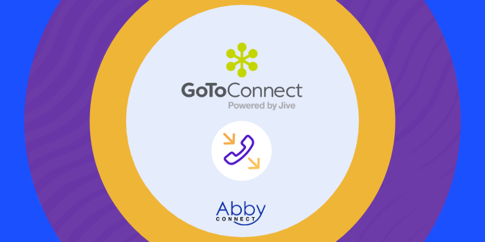 Circular graphic with the GoToConnect logo and text Powered by Jive at the top center, a phone icon in the middle, and the Abby Connect logo at the bottom, all on a purple and gold background.