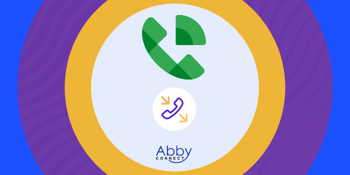 A green phone icon above a smaller purple phone icon with arrows, set inside concentric circles of white, gold, and purple. The text Abby Connect appears at the bottom.