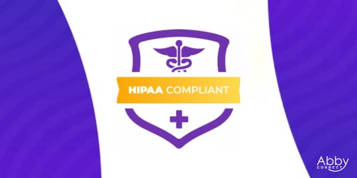 A purple and white shield with a medical caduceus symbol and cross, featuring a yellow banner that reads HIPAA Compliant. The Abby Connect Receptionist Service logo is in the bottom right corner.
