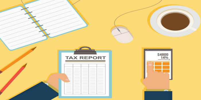 Illustration of a person holding a tax report clipboard, using a calculator on a smartphone. Nearby are an open notebook, two pencils, a computer mouse, and a cup of coffee on a yellow desk.