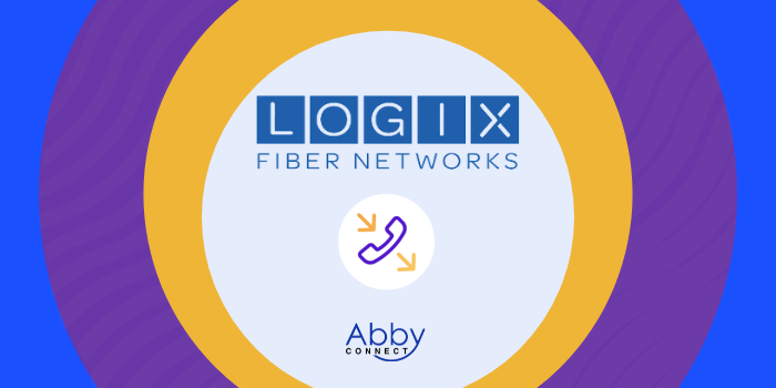 LOGIX Fiber Networks and Abby Connect logos on a circular background with a phone icon and orange arrows in the center, surrounded by purple and yellow rings.
