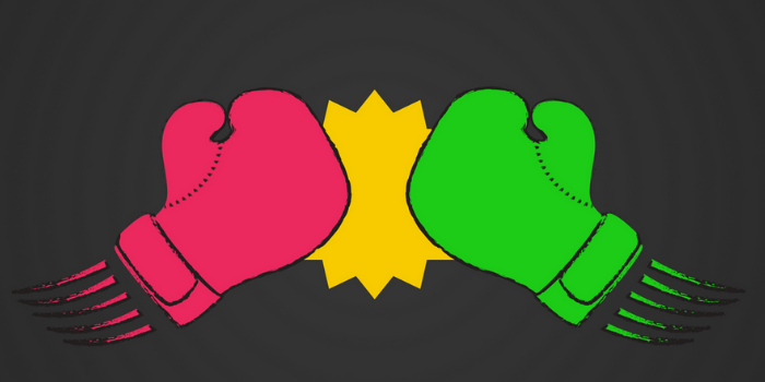 Two boxing gloves, one red and one green, are colliding in the center with a yellow burst shape between them, set against a dark background.