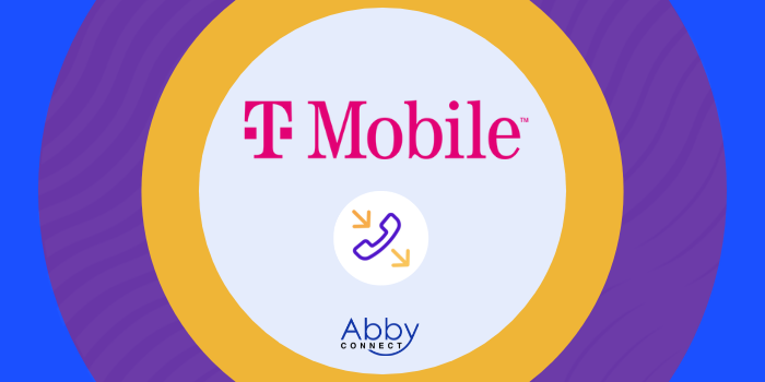 T-Mobile logo above a phone icon with arrows, and the Abby Connect logo at the bottom, set against circular purple and gold backgrounds.