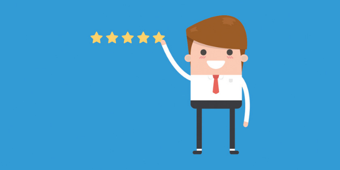 Cartoon man in business attire smiling and holding up five gold stars against a blue background, representing giving a five-star rating or positive feedback.