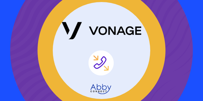 A stylized graphic features the Vonage logo at the top center, a phone icon with arrows in the middle, and the Abby Connect logo at the bottom, all within concentric circles of gold, gray, and purple.