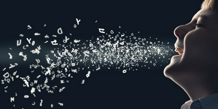 A close-up of a person’s face in profile, appearing to speak or sing, with letters and symbols flowing out of their mouth in a dynamic, swirling stream against a dark background.