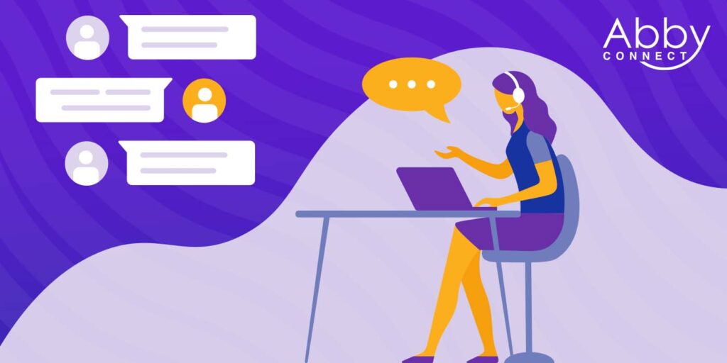 Illustration of a woman with a headset using a laptop at a desk, chatting with multiple people shown by speech bubbles. The background is purple with the Abby Connect logo in the top right corner.