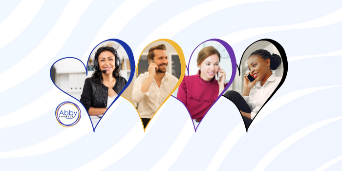 Four people are shown inside heart-shaped frames, each talking on the phone. The Abby logo appears on the left. The background features soft, wavy blue and white stripes.