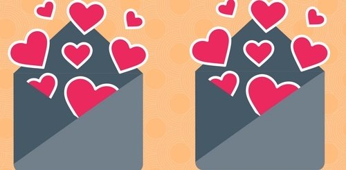 Two gray envelopes filled with red and pink hearts, set against a peach-colored background with circular patterns.