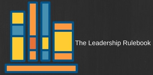 Illustration of five colorful books standing upright on a shelf, with the text The Leadership Rulebook on a dark background to the right of the books.