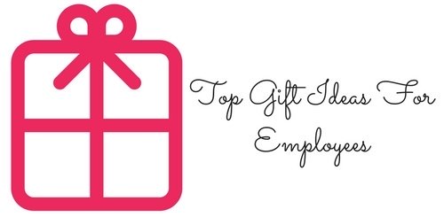 A pink outline of a gift box with a bow is on the left, and the text “Top Gift Ideas For Employees” is written in cursive on the right against a white background.