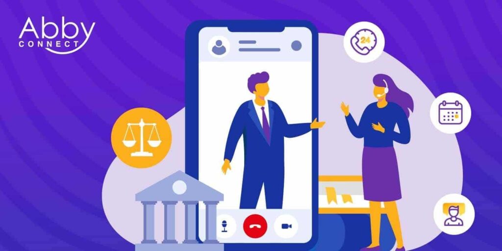 Illustration of a woman talking to a man on a large smartphone screen, surrounded by icons for law, a courthouse, a calendar, and 24/7 support. Abby Connect logo appears in the top left corner.
