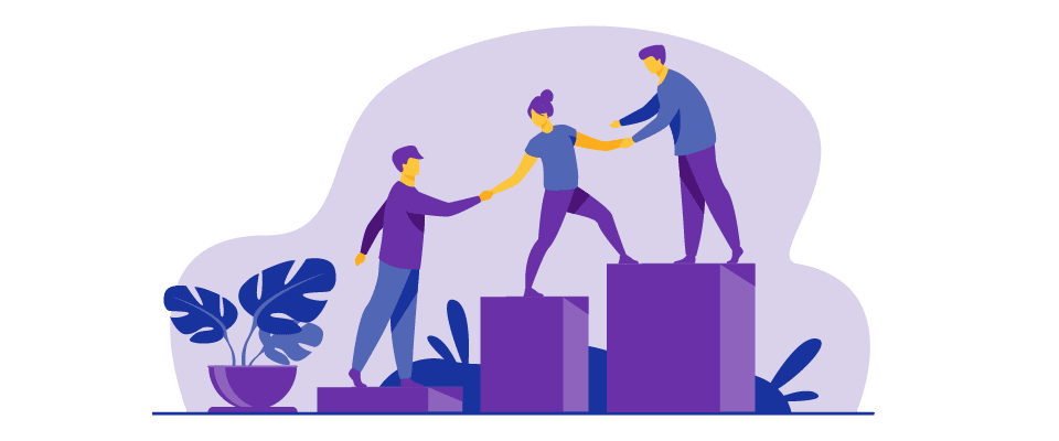 Three people help each other climb up purple blocks, symbolizing teamwork and support. One person helps another up while a third person assists from a lower block. A potted plant sits on the left. The background is light purple.