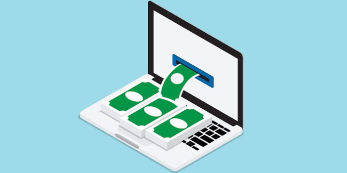 An illustration of paper money emerging from a slot in a laptop screen, symbolizing online earnings or digital financial transactions, on a light blue background.