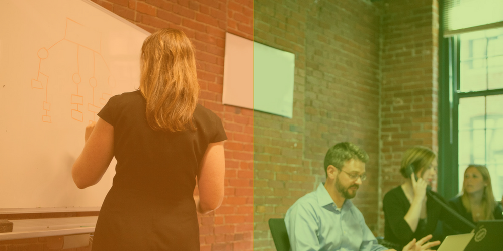 A woman draws a diagram on a whiteboard, while three people sit at a table with laptops in a brick-walled office. The image is split with different color tones on each side.