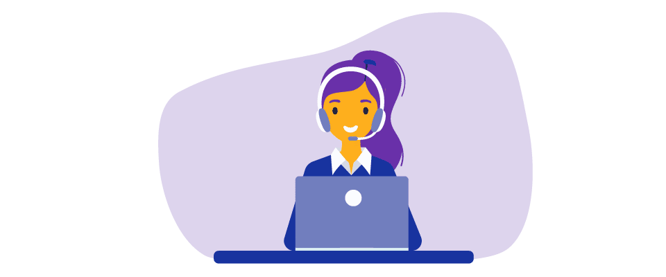 Illustration of a woman with a headset, smiling while working on a laptop. She has purple hair in a ponytail and is sitting at a desk with a purple background shape behind her.