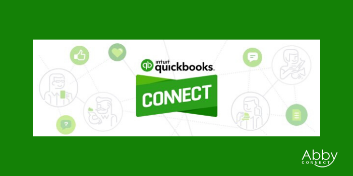 Banner with the Intuit QuickBooks Connect logo in the center, surrounded by green icons and illustrations of people using devices, on a white background with a green border. Abby Connect is at the bottom right corner.