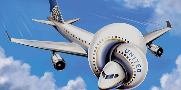 A cartoon airplane with a United logo twists into a knot while flying through a blue sky with clouds, creating an impossible and humorous shape.