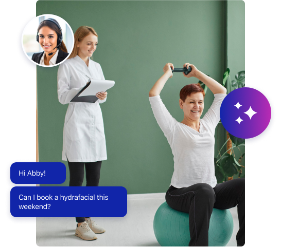 A smiling woman lifts dumbbells on an exercise ball as a healthcare professional with a clipboard stands nearby. A chat bubble inquires about booking a hydrafacial, highlighting the importance of wellness call answering services.