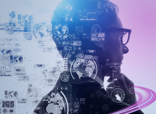 Silhouette of a person in glasses with digital data overlays, charts, and global icons, symbolizing AI and advanced technology concepts.