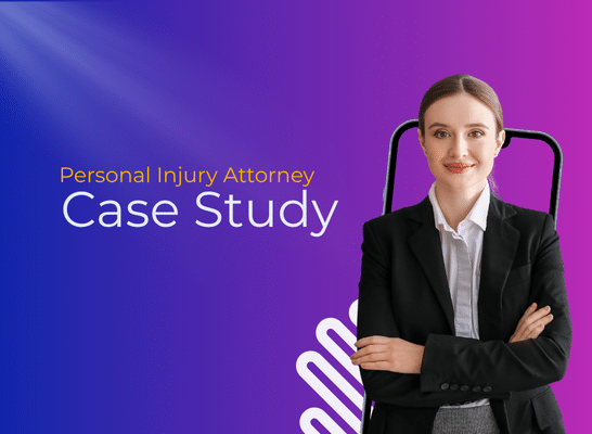 Professional woman with a smartphone in the background, set against a blue to purple gradient, with the text “Personal Injury Case Study.”