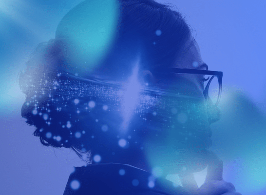 Woman with glasses looking thoughtfully on a blue background, representing artificial intelligence curiosity and myth-busting.