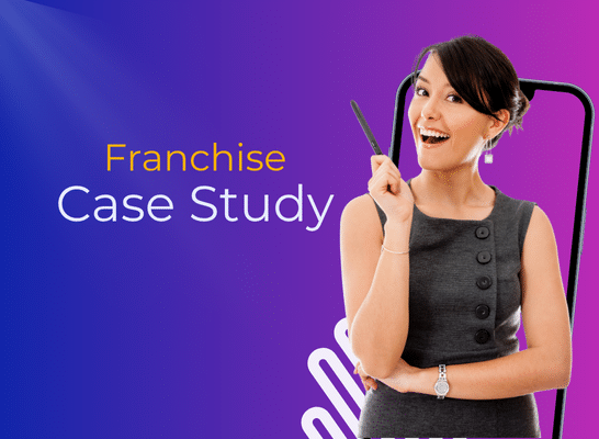 Smiling woman in a sleeveless dress holding a pen, standing confidently in front of a purple and blue gradient background with the text “Franchise Case Study.”