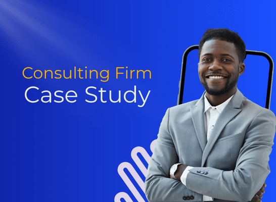 Smiling consultant in a light gray suit standing confidently in front of a blue background with the text “Consulting Firm Case Study.”