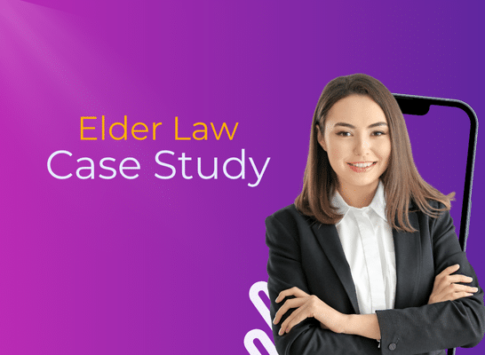 Professional woman in a suit representing a legal case study on elder law with a purple background and the text “Elder Law Case Study.”