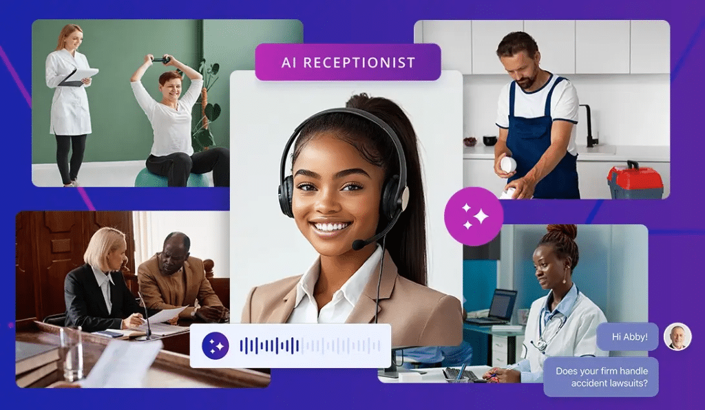 Receptionist at a desk surrounded by small business owners discussing AI solutions for customer service.