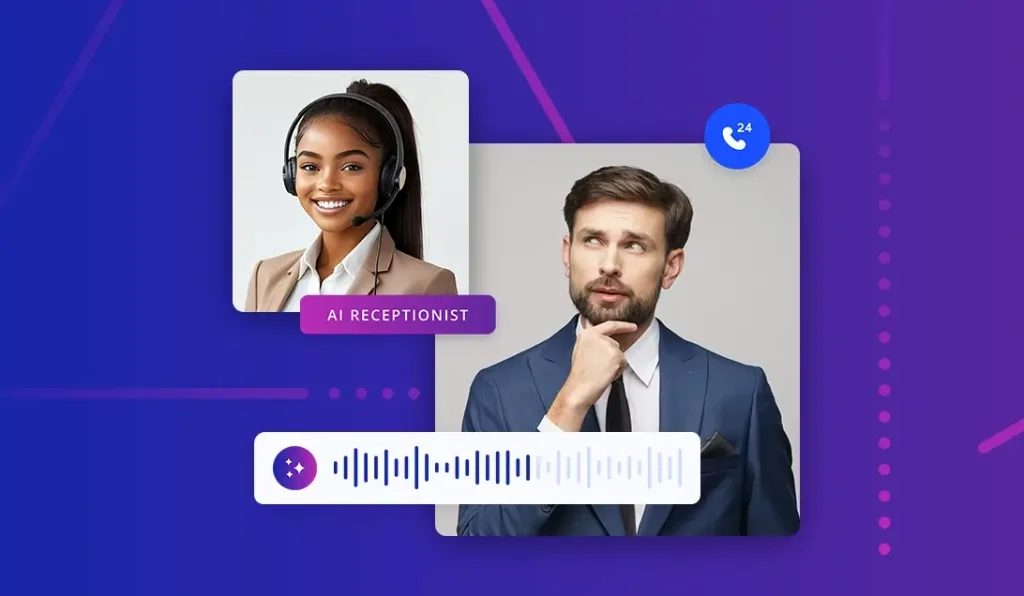 A man looks at a picture of a receptionist wondering if AI can answer phone calls professionally.