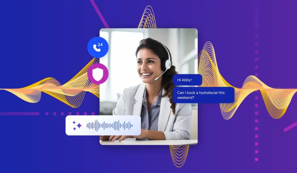 A virtual receptionist smiles as she answers a call having blocked a spam call for a business.