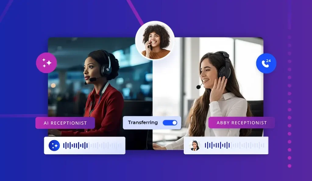 AI for customer service is best utilized when paired with human support, as shown by the human and AI receptionists supporting this woman on the phone.