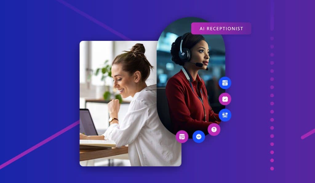 AI phone answering service illustration showing virtual receptionist with headset and icons for integrations, analytics, scheduling, customization, conversational AI, and instant FAQ support