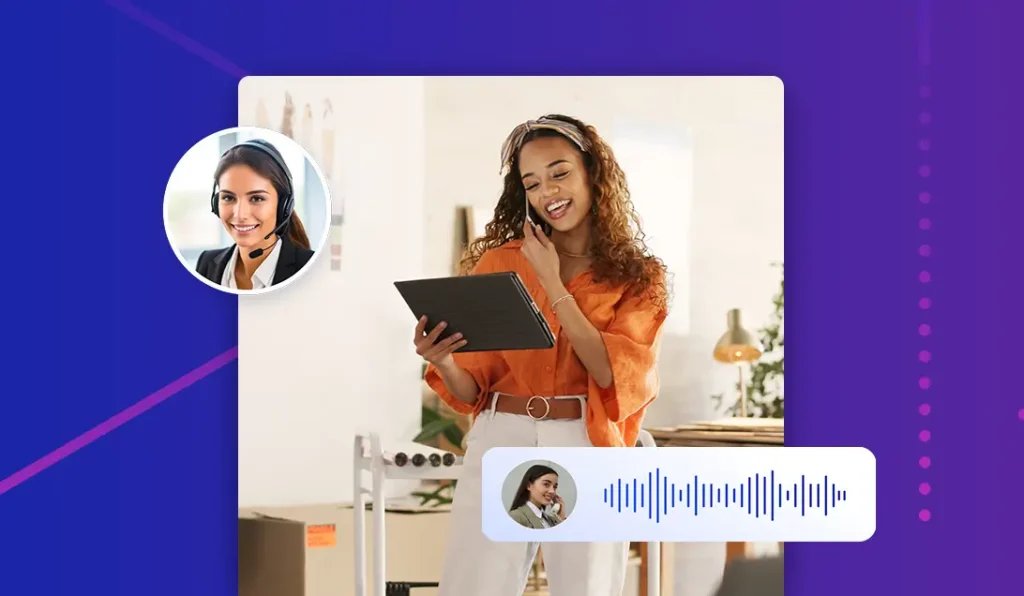 Small business owner using a tablet while speaking with a customer, with virtual receptionist and call support graphics illustrating AI phone answering service assistance.