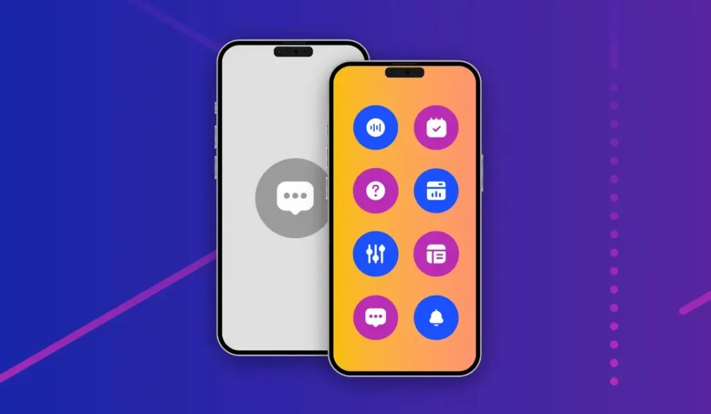 Phone display with circular app icons representing AI phone answering service features like scheduling, analytics, messaging, and integrations