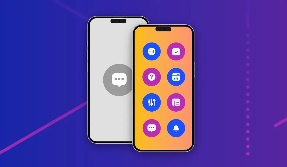 Phone display with circular app icons representing AI phone answering service features like scheduling, analytics, messaging, and integrations
