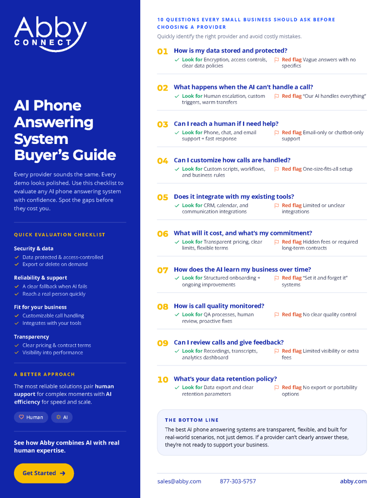 AI Phone Answering System Buyer's Guide - 10 questions every small business should ask before choosing a provider.